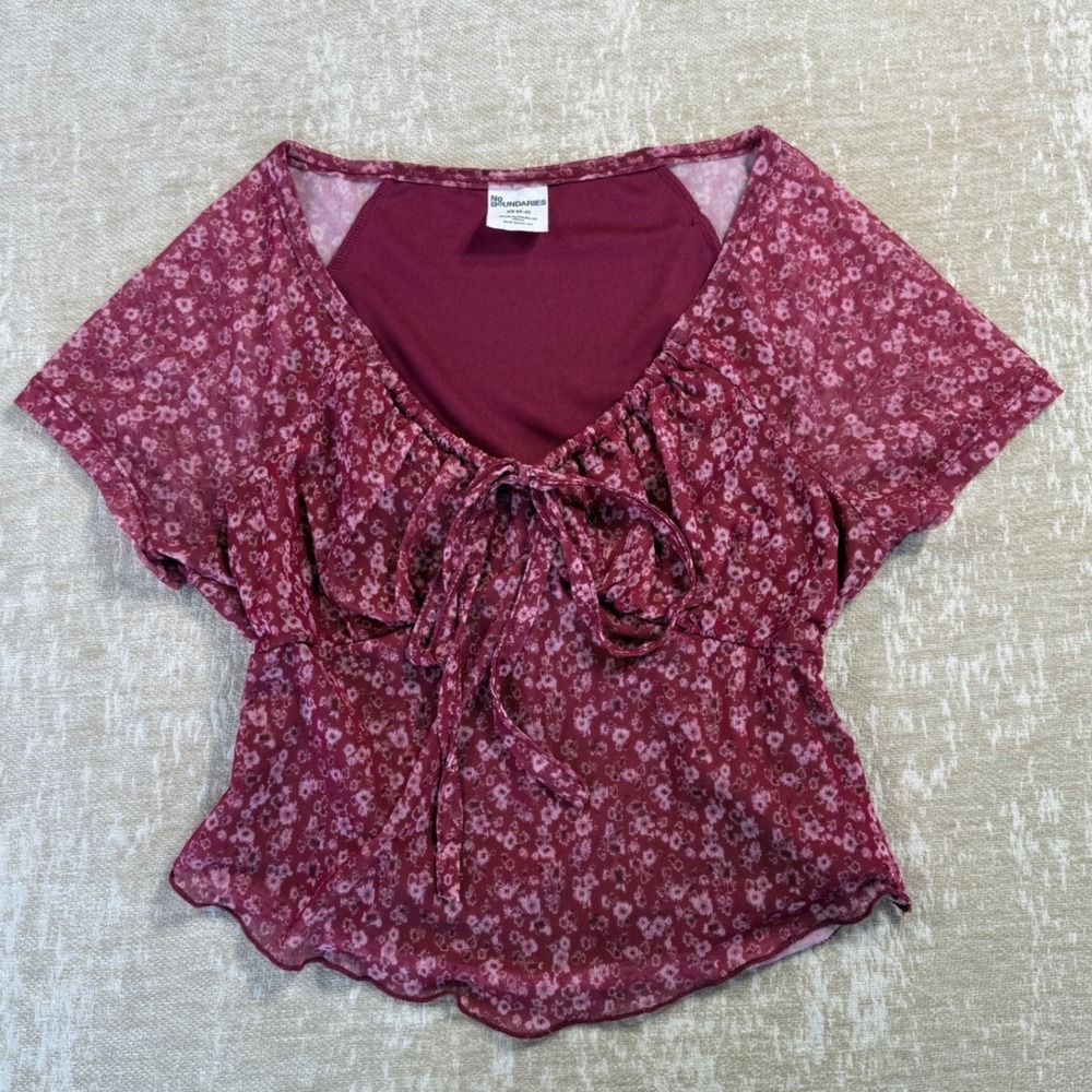 No Boundaries Mesh Tie Front Top Womens XS Burgundy Excellent